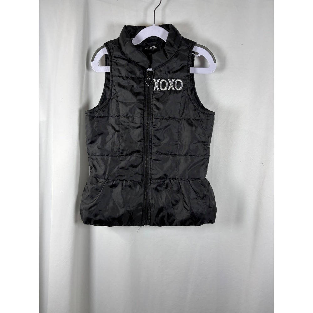 XOXO Girls Black Puffer Vest Peplum Hem Heart Zipper Size Small 7/8 Quilted